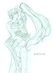  1girl bad_id bad_pixiv_id carrying couple cuteg green hatsune_miku hetero hug legs long_hair monochrome thighhighs very_long_hair vocaloid 