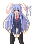  animal_ears blush bunny_ears covering covering_crotch long_hair necktie niku_soukyuu no_pants pantyhose purple_hair red_eyes red_neckwear reisen_udongein_inaba shirt_tug solo tears thighband_pantyhose touhou translated 