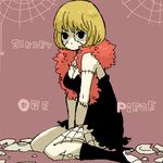  black_eyes blonde_hair character_name copyright_name kneeling one_piece purple_background short_hair silk solo spider_web stitches victoria_cindry yukke zombie 