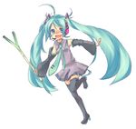  :d aqua_hair bad_id bad_pixiv_id hatsune_miku long_hair open_mouth outstretched_arms simple_background smile solo spread_arms spring_onion standing standing_on_one_leg thighhighs twintails very_long_hair vocaloid white_background yamada_ako 
