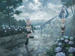  2girls :o brother_and_sister building cityscape cloud flower garden hatsune_miku hydrangea isou_nagi kagamine_len kagamine_rin landscape light multiple_girls reflection scenery siblings sky tree twins twintails vocaloid wallpaper 