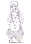  apron asahina_mikuru blush greyscale long_hair maid maid_headdress monochrome pigeon-toed pikazo sketch smile solo suzumiya_haruhi_no_yuuutsu tareme teapot 