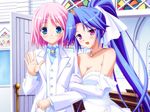  blue_eyes blue_hair blush breasts bride church cleavage dress formal game_cg medium_breasts mitsusawa_yuzuki mizukimaru multiple_girls pant_suit pink_hair ponytail sakurashita_otome suit thirua_panic wedding wedding_dress wife_and_wife yuri 