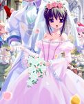 6+boys bare_shoulders bouquet breasts bride brown_hair church cleavage dress dwarf_(grimm) flower game_cg kagami_no_naka_no_orgel medium_breasts multiple_boys multiple_girls nini_(delta) open_mouth pink_flower pink_rose purple_eyes rose snow_white_(grimm) snow_white_and_the_seven_dwarfs wedding wedding_dress 