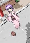  blue_eyes boar botan_(clannad) clannad fujibayashi_ryou hair_intakes japanese_clothes kimono pikazo purple_hair short_hair solo v 