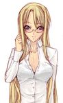  blonde_hair blush bra glasses haruka_shiya lingerie long_hair mahou_sensei_negima! open_clothes open_shirt purple_eyes shirt solo underwear very_long_hair yukihiro_ayaka 