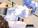  blue_eyes blue_hair blush game_cg looking_back nurse panties panties_under_pantyhose pantyhose sitting sitting_on_face sitting_on_person solo_focus underwear white_legwear 