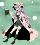  bad_id bad_pixiv_id black_dress book boots breasts capelet cleavage crescent crescent_hair_ornament dress full_body hair_ornament hair_ribbon hat long_hair long_sleeves mob_cap patchouli_knowledge purple_eyes purple_hair ribbon simple_background small_breasts solo takaharu touhou 