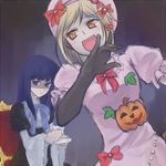  artist_request blonde_hair blue_hair bow dress frederica_bernkastel frills gloves hair_bow hat lambdadelta laughing long_hair lowres multiple_girls orange_eyes pink_hat pumpkin purple_eyes serious short_hair smile umineko_no_naku_koro_ni 