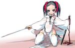  chinese_clothes flat_chest garter_belt hair_ribbon jewelry kneeling long_hair najimi_shin necklace original ribbon sheath solo sword thighhighs twintails weapon 