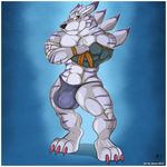 abs anthro biceps bulge canine claws clothed clothing digimon dog_tags fur half-dressed looking_at_viewer male mammal muscles pecs pepsi_(fa) solo standing topless underwear were weregarurumon werewolf 
