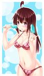  ahoge bikini blush breasts brown_hair food highres long_hair looking_at_viewer medium_breasts navel original pinky_out plaid plaid_bikini popsicle red_bikini shirousagi_uyu solo sweat swimsuit 