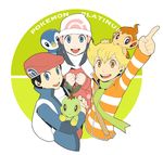  2boys backpack bag beanie black_hair blonde_hair blue_eyes blue_hair chimchar chiyomaru copyright_name gen_4_pokemon green_scarf hair_ornament hat hikari_(pokemon) holding jun_(pokemon) kouki_(pokemon) long_hair looking_at_viewer multiple_boys open_mouth orange_eyes piplup pokemon pokemon_(creature) pokemon_(game) pokemon_dppt scarf shirt smile striped striped_shirt turtwig white_scarf winter_clothes 