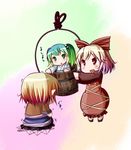  blonde_hair bow brown_eyes bucket byoubyou gradient_hair green_eyes green_hair hair_bobbles hair_bow hair_ornament in_bucket in_container kisume kurodani_yamame long_sleeves mizuhashi_parsee multicolored_hair multiple_girls open_mouth petting pointy_ears short_sleeves standing touhou trembling twintails wooden_bucket 