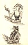 alcohol anthro armendariz bar beverage black_and_white breasts canine cigarette cleavage clevage clothed clothing cup dog female hair jacket male mammal monochrome mustelid plain_background sepia smile smoke smoking top weasel 