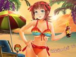  amami_haruka beach bikini bottle brown_hair chair cloud frilled_bikini frills green_eyes hair_ribbon idolmaster idolmaster_(classic) lounge_chair multiple_girls nonowa ocean ribbon short_hair sky sunset swimsuit umbrella zi-dabu 