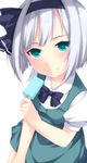  black_hairband bow food green_eyes hair_ribbon hairband kabata_(mechisan) konpaku_youmu popsicle puffy_sleeves ribbon short_hair short_sleeves silver_hair solo touhou white_background 