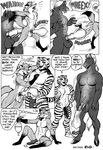  anal anal_penetration anthro balls canine comic condom cum dialog dialogue doggy_position doggystyle english_text equine erection feline flaccid fox from_behind gay greyscale hands-free horse karno male mammal monochrome nude orgasm penetration penis sex size_difference text tiger 