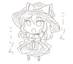  arm_up chibi hat kirisame_marisa lockheart monochrome open_mouth simple_background solo touhou white_background witch_hat 