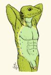  abs anthro balls biceps claws flaccid gunther_silves humanoid_penis lizard looking_at_viewer male muscles nude penis plain_background reptile scalie sheath smile solo 