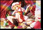  ascot bad_id bad_pixiv_id blonde_hair cake candy cream_puff crystal flandre_scarlet food fruit hat hat_ribbon lollipop puffy_sleeves red_eyes ribbon ryuushou short_sleeves side_ponytail sitting solo strawberry sweets tongue touhou wings 