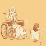  arm_up blood blood_stain blush crowbar dress finger_to_mouth flower icemissile long_hair monochrome original sitting sledgehammer slippers translated twintails wheelchair 