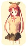  arms_behind_back bow hair_bow long_hair mahou_shoujo_madoka_magica ponytail red_eyes red_hair sakura_kyouko shy skirt solo weee_(raemz) 