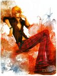  1boy akimao black_shirt blonde_hair cigarette full_body hair_over_one_eye male male_focus one_piece open_collar plaid plaid_pants sanji shirt sitting smoking solo 