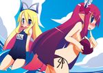  alternate_breast_size arms_behind_back bikini blonde_hair blue_eyes blue_swimsuit blush bow breast_hold breasts cloud cloudy_sky day disgaea earrings fang flonne from_side hair_bow headdress highres holding huge_breasts innertube jewelry long_hair looking_at_viewer mage_(disgaea) miu_(pixiv164563) multiple_girls name_tag nose_blush ocean old_school_swimsuit one-piece_swimsuit open_mouth pointy_ears purple_bikini purple_hair school_swimsuit side-tie_bikini sky small_breasts swimsuit 
