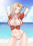  arms_up bad_id bad_pixiv_id beach bikini bikini_bottom blonde_hair blue_eyes breasts contrapposto day dead_or_alive hips jewelry large_breasts long_hair looking_at_viewer navel necklace outdoors smile solo standing swimsuit thighs tina_armstrong vasily_(run211) white_bikini 