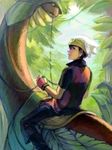  black_hair fingerless_gloves forest gen_3_pokemon gloves hat holding kirakishoumichiro leaf looking_at_viewer nature plant pokemon pokemon_(creature) pokemon_(game) pokemon_rse red_eyes riding tropius yuuki_(pokemon) 