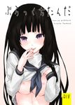  blush breasts chitanda_eru hyouka long_hair medium_breasts nipples open_mouth purple_eyes school_uniform serafuku shirt_lift smile solo sumiya_akihiro tongue tongue_out 