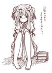  absurdres barefoot bespectacled glasses hat highres lockheart long_hair looking_at_viewer monochrome patchouli_knowledge sitting sketch solo touhou translated 