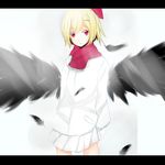  alternate_costume blonde_hair feathers hair_ornament hairpin highres letterboxed long_sleeves red_eyes red_scarf rumia scarf short_hair smile solo standing sweater touhou tp65pxu4 white_background wings 