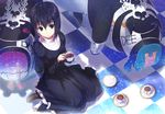  black_hair blue_eyes checkered checkered_floor cup dress kuonji_alice mahou_tsukai_no_yoru saucer shirabi short_hair sitting solo teacup tweedledee tweedledum wariza 