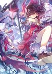 album_cover battle blue_hair bow brown_eyes brown_hair checkered checkered_floor commentary_request cover detached_sleeves foreshortening grin hair_bow hair_tubes hakurei_reimu hat highres lamppost multiple_girls ofuda red_eyes remilia_scarlet smile spear_the_gungnir touhou wings wrist_cuffs yayin_(yayin233) 