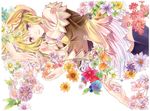  adapted_costume bare_shoulders black_legwear blonde_hair brown_eyes dress flower food fruit hands hat karina_lyle long_hair lying thighhighs tiger_&amp;_bunny tippy_mixx wide_sleeves 