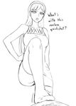  bare_shoulders drawfag dress english femdom greyscale hairband hand_on_hip hetero kumashiro_maya lineart long_hair monochrome out_of_frame penis seikimatsu_occult_gakuin short_dress solo_focus stepped_on thighhighs 