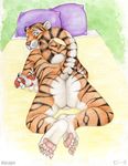  anthro balls bed butt claws collaboration dacapo feline hindpaw invalid_tag korrok male mammal paws pinup plushie pose solo tiger 