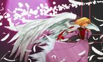  angel_wings blonde_hair bow bowtie copyright_name dress feathered_wings feathers full_moon gengetsu highres kanimiso moon pink_dress profile ribbon short_hair solo touhou touhou_(pc-98) wind wings yellow_eyes 