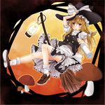  absurdres apron bad_id bad_pixiv_id blonde_hair bottle bow braid broom candle harachi_mei hat hat_bow highres kirisame_marisa long_hair mushroom puffy_sleeves short_sleeves side_braid single_braid solo touhou white_bow witch_hat yellow_eyes 