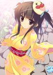  akesaka_iku black_hair breasts hair_ribbon japanese_clothes kimono large_breasts long_hair mask obi original purple_eyes ribbon sash smile solo two_side_up yellow_kimono yukata 