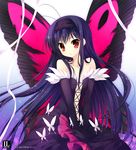  accel_world antenna_hair bare_shoulders black_hair butterfly_wings collarbone dress elbow_gloves gloves kuroyukihime long_hair mitha red_eyes solo wings 