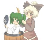  bad_id bad_pixiv_id blonde_hair blush bow bucket collarbone comb fan green_eyes green_hair hair_bobbles hair_bow hair_ornament in_bucket in_container kisume kurodani_yamame long_sleeves multiple_girls short_hair sweatdrop touhou twintails wide_sleeves wooden_bucket yuuma_(pumpkin) 