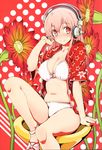  absurdres aka_ringo bikini breasts cleavage flower hand_on_headphones headphones highres hood hooded_jacket jacket large_breasts leg_lift long_hair navel nitroplus o-ring o-ring_top pink_eyes pink_hair sandals scan sitting smile solo super_sonico swimsuit white_bikini 