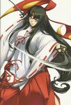  black_hair blind dual_swords female highres japanese_clothes katana long_hair miko official_art queen&#039;s_blade queen&#039;s_blade_rebellion queen's_blade queen's_blade_rebellion smile solo sword tomoe weapon 