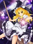  apron blonde_hair bow broom glowing grin hair_bow hat hat_bow kirisame_marisa long_hair mini-hakkero puffy_sleeves short_sleeves smile solo star touhou white_bow witch_hat yellow_eyes zb 