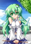  blush breasts cloud day detached_sleeves frog_hair_ornament gohei green_eyes green_hair hair_ornament hair_tubes highres kochiya_sanae large_breasts long_hair open_mouth roura skirt sky snake solo touhou tree wall 