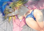  ass backboob bikini blonde_hair blush breasts dark_magician_girl duel_monster from_above green_eyes hat long_hair looking_back lying medium_breasts on_stomach open_mouth smile solo striped striped_bikini suzume_inui sweat swimsuit towel untied wizard_hat yuu-gi-ou yuu-gi-ou_duel_monsters 