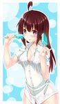  ahoge blush breasts brown_hair food highres long_hair looking_at_viewer medium_breasts original pinky_out popsicle see-through shirousagi_uyu solo sweat 